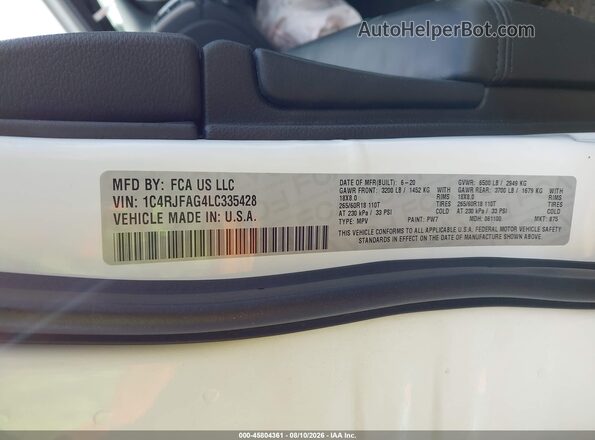 1C4RJFAG4LC335428 2020 JEEP GRAND CHEROKEE White ძრავის განყოფილების ხედი