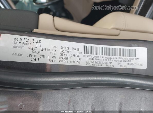 1C4RJFAGXKC782408 2019 JEEP GRAND CHEROKEE Gray Vista del compartimento del motor