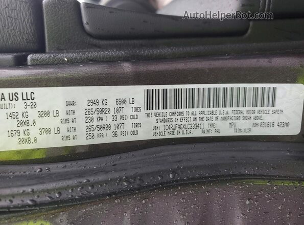 1C4RJFAGXLC333411 2020 JEEP GRAND Charcoal VIN sticker view