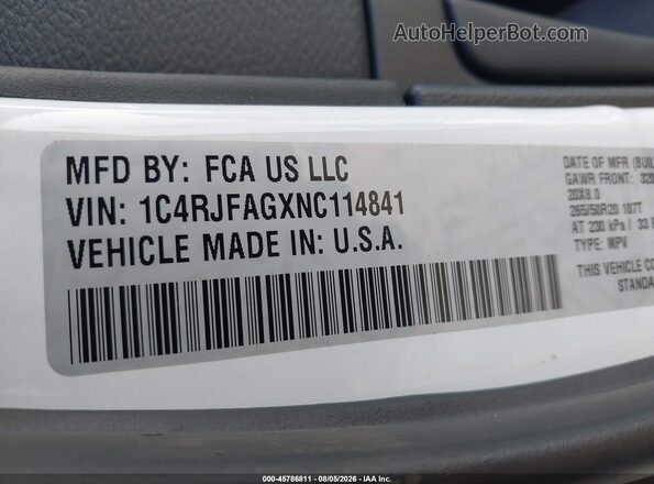 1C4RJFAGXNC114841 2022 JEEP GRAND CHEROKEE WK White Вид підкапотного простору