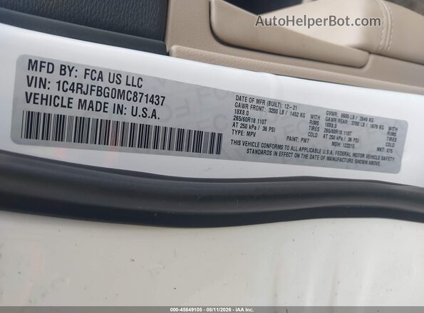 1C4RJFBG0MC871437 2021 JEEP GRAND CHEROKEE White ძრავის განყოფილების ხედი