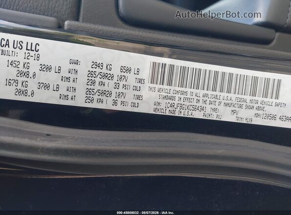1C4RJFBG1KC564341 2019 JEEP GRAND CHEROKEE Black ძრავის განყოფილების ხედი