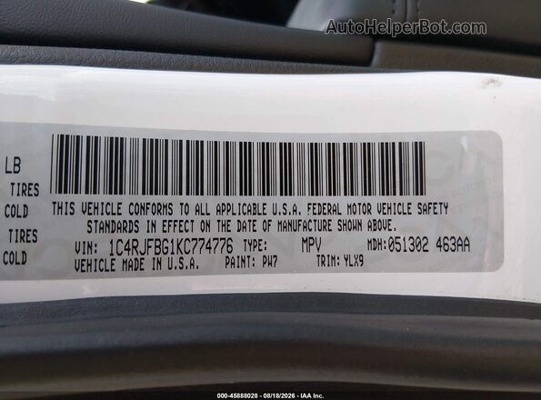 1C4RJFBG1KC774776 2019 JEEP GRAND CHEROKEE White ძრავის განყოფილების ხედი