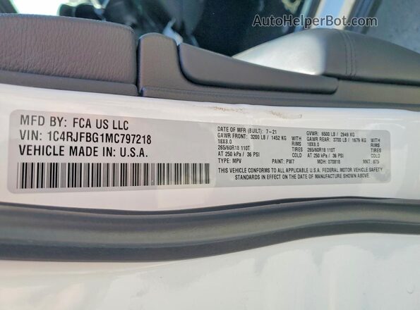 1C4RJFBG1MC797218 2021 JEEP GRAND White VIN კოდის სტიკერის ხედი