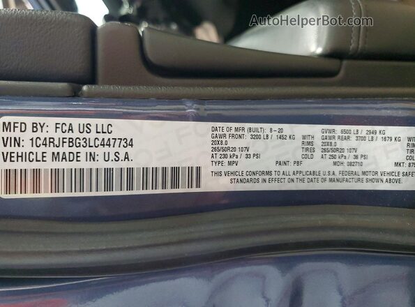 1C4RJFBG3LC447734 2020 JEEP GRAND Blue VIN კოდის სტიკერის ხედი