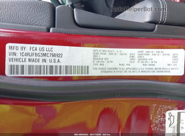 1C4RJFBG3MC798922 2021 JEEP GRAND CHEROKEE Red Շարժիչի բաժամունքի տեսք