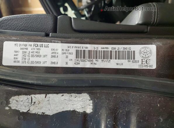 1C4RJFBG6KC708949 2019 JEEP GRAND Gray Vista de la etiqueta del VIN