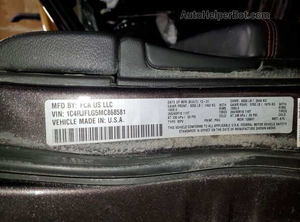1C4RJFLG5MC868581 2021 JEEP GRAND Gray VIN კოდის სტიკერის ხედი