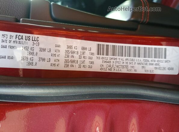1C4RJFLT4KC726765 2019 JEEP GRAND Burgundy Вид наклейки з VIN-кодом