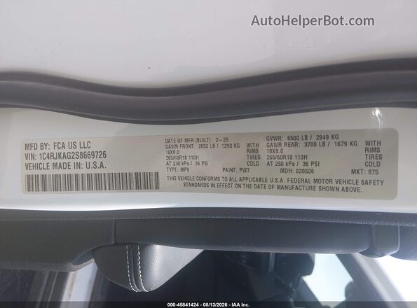 1C4RJKAG2S8669726 2025 JEEP GRAND CHEROKEE L White Շարժիչի բաժամունքի տեսք