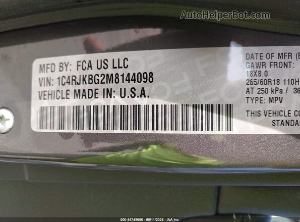 1C4RJKBG2M8144098 2021 JEEP GRAND CHEROKEE L Серый Вид подкапотного пространства