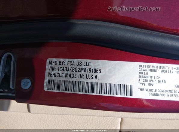 1C4RJKBG2M8191065 2021 JEEP GRAND CHEROKEE L Red Vista del compartimento del motor