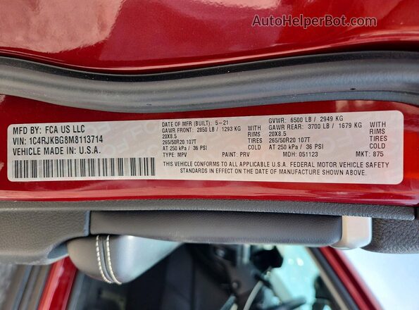 1C4RJKBG8M8113714 2021 JEEP GRAND Red VIN კოდის სტიკერის ხედი