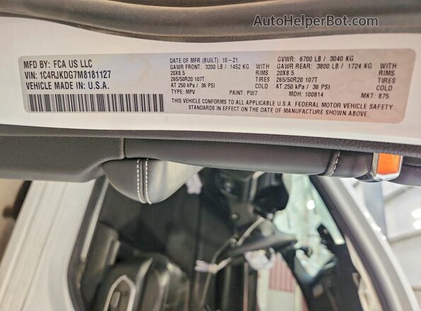 1C4RJKDG7M8181127 2021 JEEP GRAND White Widok naklejki z numerem VIN