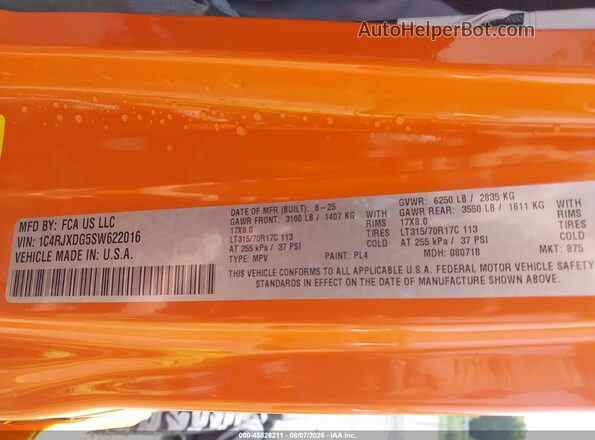 1C4RJXDG5SW622016 2025 JEEP WRANGLER Orange ძრავის განყოფილების ხედი