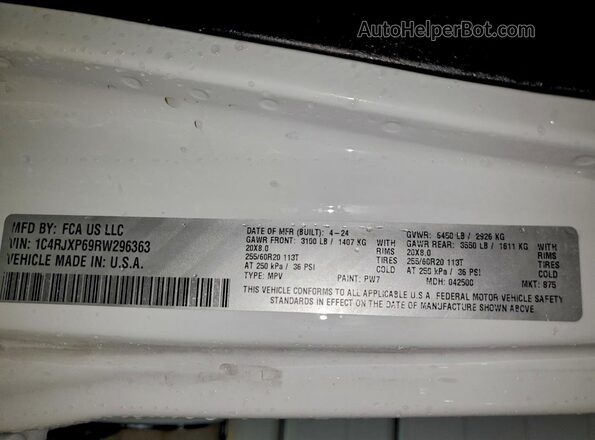1C4RJXP69RW296363 2024 JEEP WRANGLER White Вид наклейки з VIN-кодом