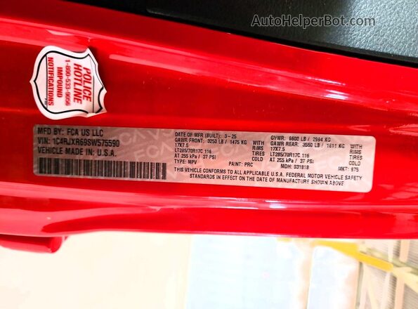 1C4RJXR69SW575590 2025 JEEP WRANGLER Red Vista de la etiqueta del VIN