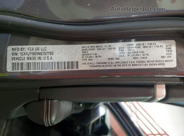 1C4RJYB69N8757783 2022 JEEP GRAND Gray Вид наклейки з VIN-кодом