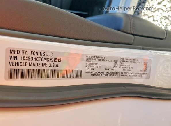 1C4SDHCT6MC791513 2021 DODGE DURANGO White Vista de la etiqueta del VIN