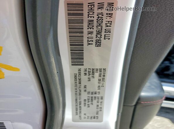 1C4SDHCT9NC216839 2022 DODGE DURANGO White VIN კოდის სტიკერის ხედი