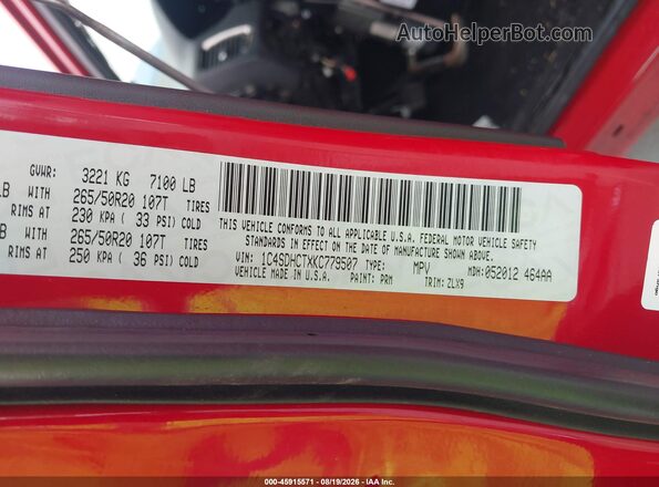 1C4SDHCTXKC779507 2019 DODGE DURANGO Red ძრავის განყოფილების ხედი