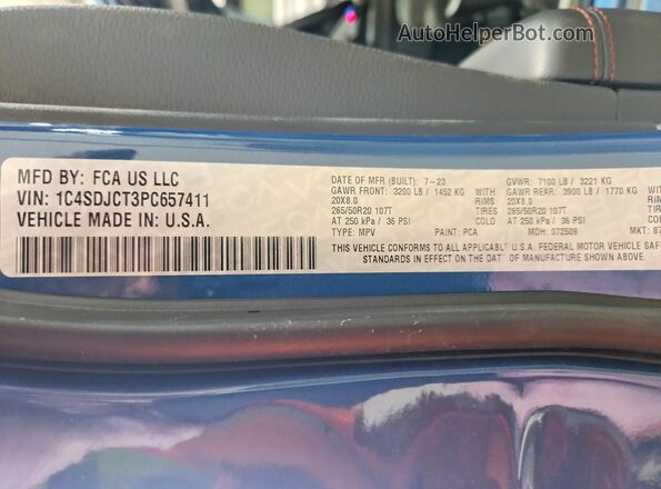 1C4SDJCT3PC657411 2023 DODGE DURANGO Blue VIN sticker view