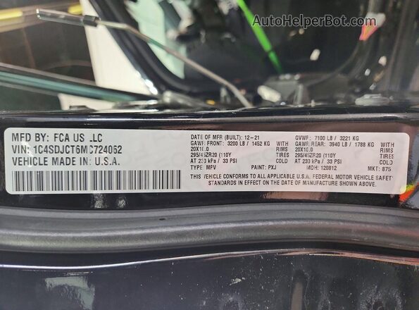 1C4SDJCT6MC724062 2021 DODGE DURANGO Black Widok wnętrza 360 stopni
