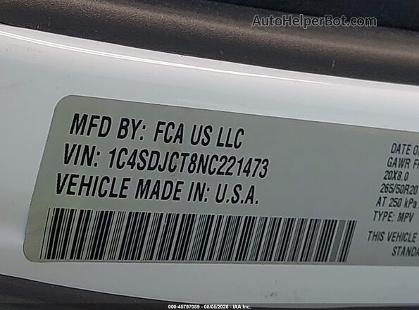 1C4SDJCT8NC221473 2022 DODGE DURANGO White Շարժիչի բաժամունքի տեսք