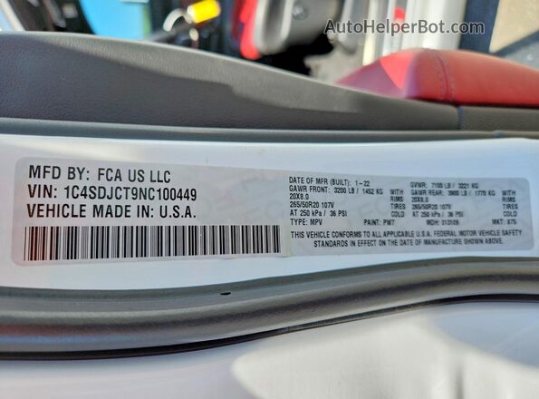 1C4SDJCT9NC100449 2022 DODGE DURANGO Белый Вид наклейки с VIN-кодом