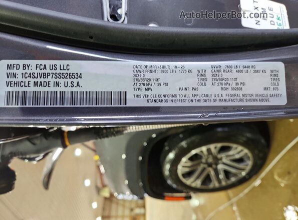 1C4SJVBP7SS526534 2025 JEEP WAGONEER Gray VIN კოდის სტიკერის ხედი