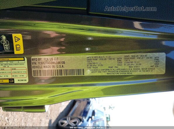 1C6HJTAG0ML596106 2021 JEEP GLADIATOR Gray Вид підкапотного простору