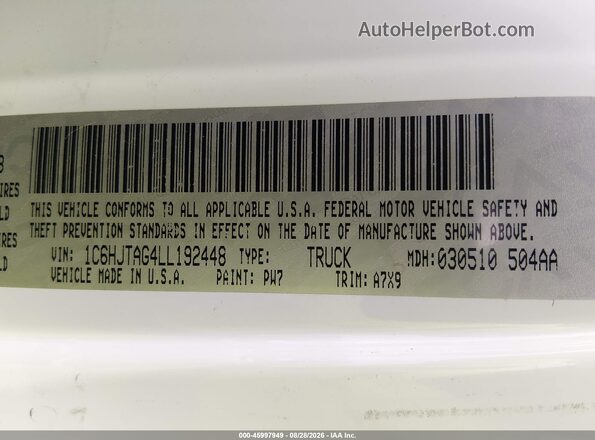 1C6HJTAG4LL192448 2020 JEEP GLADIATOR White Вид підкапотного простору