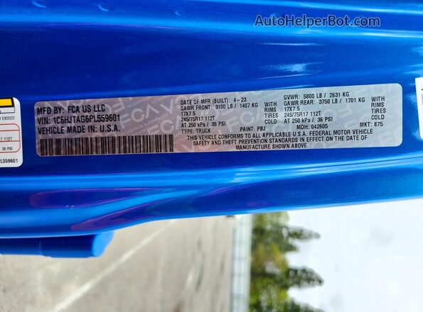 1C6HJTAG6PL559601 2023 JEEP GLADIATOR Синий Вид подкапотного пространства