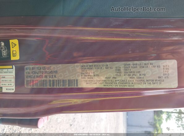 1C6HJTFG1ML545769 2021 JEEP GLADIATOR Burgundy Widok komory silnika