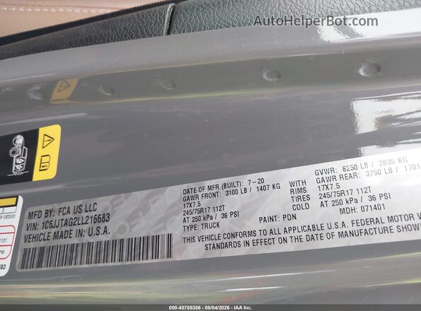 1C6JJTAG2LL216683 2020 JEEP GLADIATOR Gray ძრავის განყოფილების ხედი