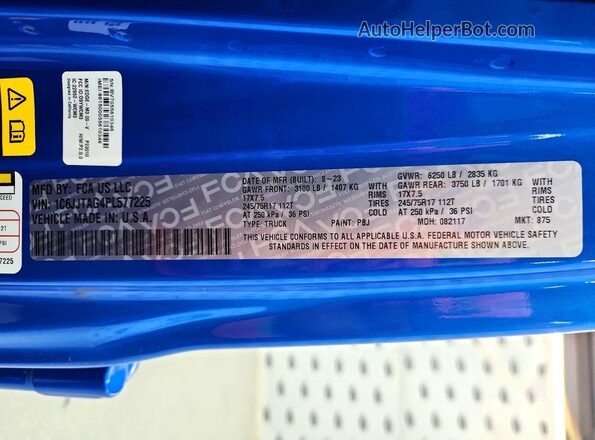 1C6JJTAG4PL577225 2023 JEEP GLADIATOR Blue Widok wnętrza 360 stopni