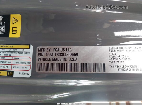 1C6JJTBG3LL208669 2020 JEEP GLADIATOR Gray Vista del compartimento del motor