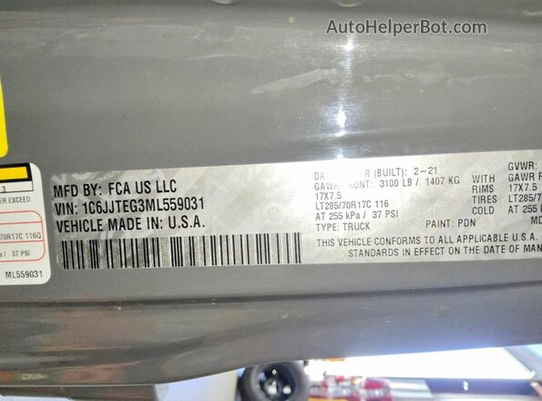 1C6JJTEG3ML559031 2021 JEEP GLADIATOR Gray ძრავის განყოფილების ხედი