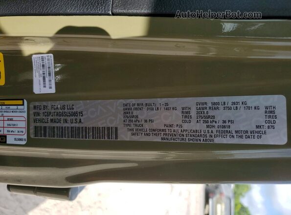 1C6PJTAG6SL506515 2025 JEEP GLADIATOR Green VIN կոդի պիտակի տեսք