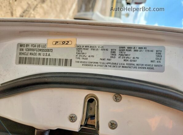 1C6RR6FG3MS530873 2021 RAM 1500TESMAN Белый Вид подкапотного пространства