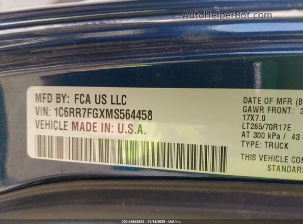 1C6RR7FGXMS564458 2021 RAM 1500 CLASSIC Blue Engine compartment view