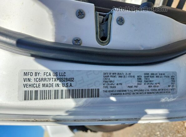 1C6RR7FTXPS528402 2023 RAM 1500 White VIN კოდის სტიკერის ხედი