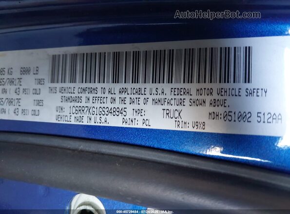 1C6RR7KG1GS348945 2016 RAM 1500 Blue Vista del compartimento del motor