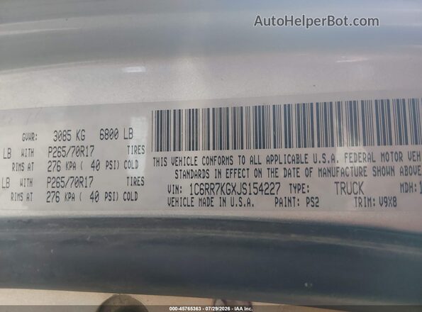 1C6RR7KGXJS154227 2018 RAM 1500 Silver Engine compartment view
