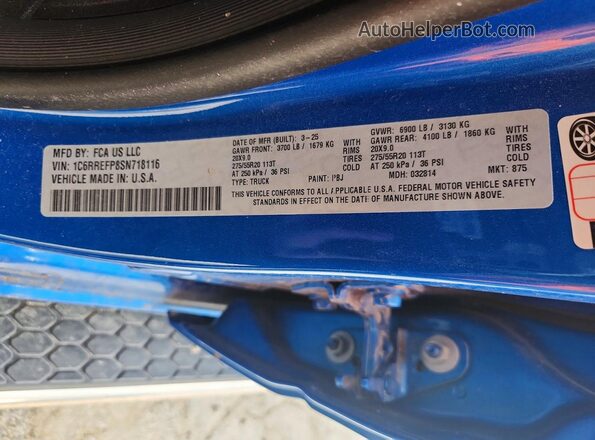 1C6RREFP8SN718116 2025 RAM 1500 Blue Vista de la etiqueta del VIN