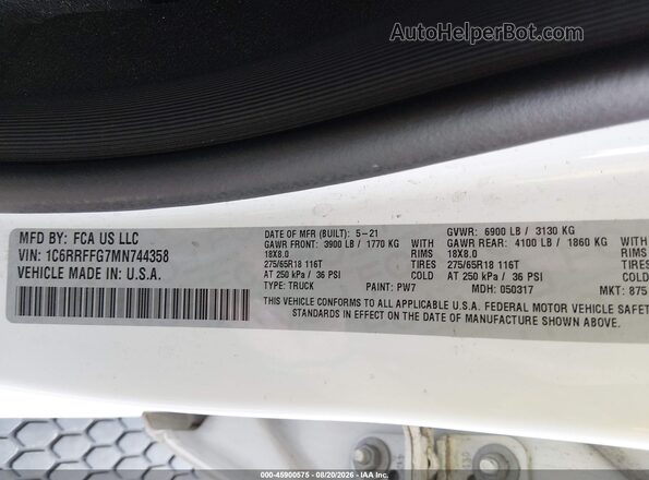 1C6RRFFG7MN744358 2021 RAM 1500 Белый Вид подкапотного пространства
