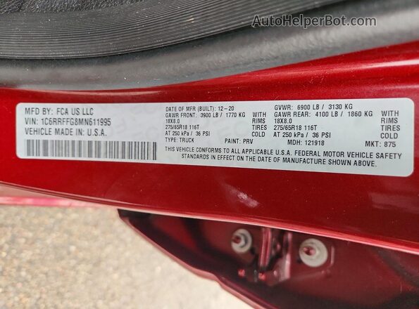 1C6RRFFG8MN611995 2021 RAM 1500 Red VIN კოდის სტიკერის ხედი