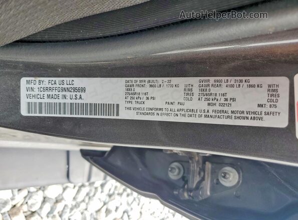 1C6RRFFG9NN295699 2022 RAM 1500 Black VIN կոդի պիտակի տեսք