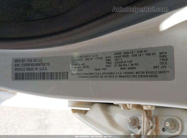 1C6RRFNG4MN754119 2021 RAM 1500 White ძრავის განყოფილების ხედი