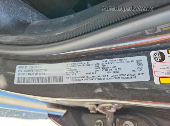 1C6SRFBT1MN732694 2021 RAM 1500 Charcoal Widok naklejki z numerem VIN